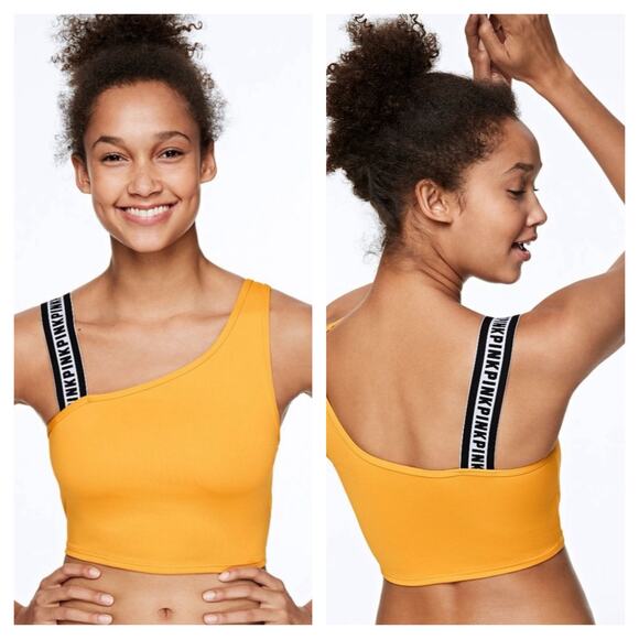 Victoria’s Secret PINK Yellow One Shoulder Logo Strap Crop Tank Top Medium - Picture 1 of 6